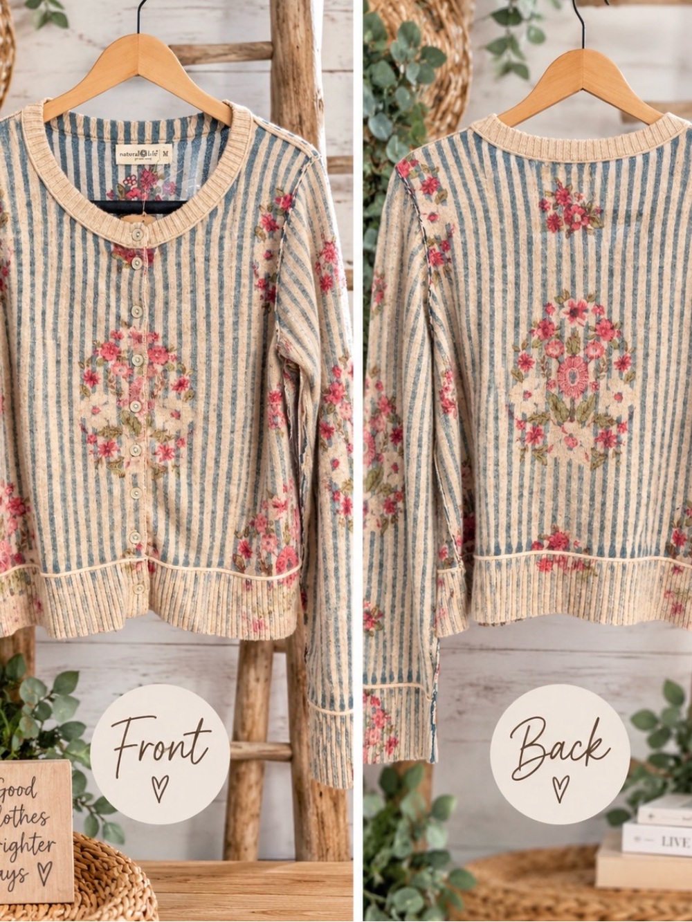 Natural Life M Floral Stripe Wool Blend Button Cardigan Boho Cottagecore -NWT